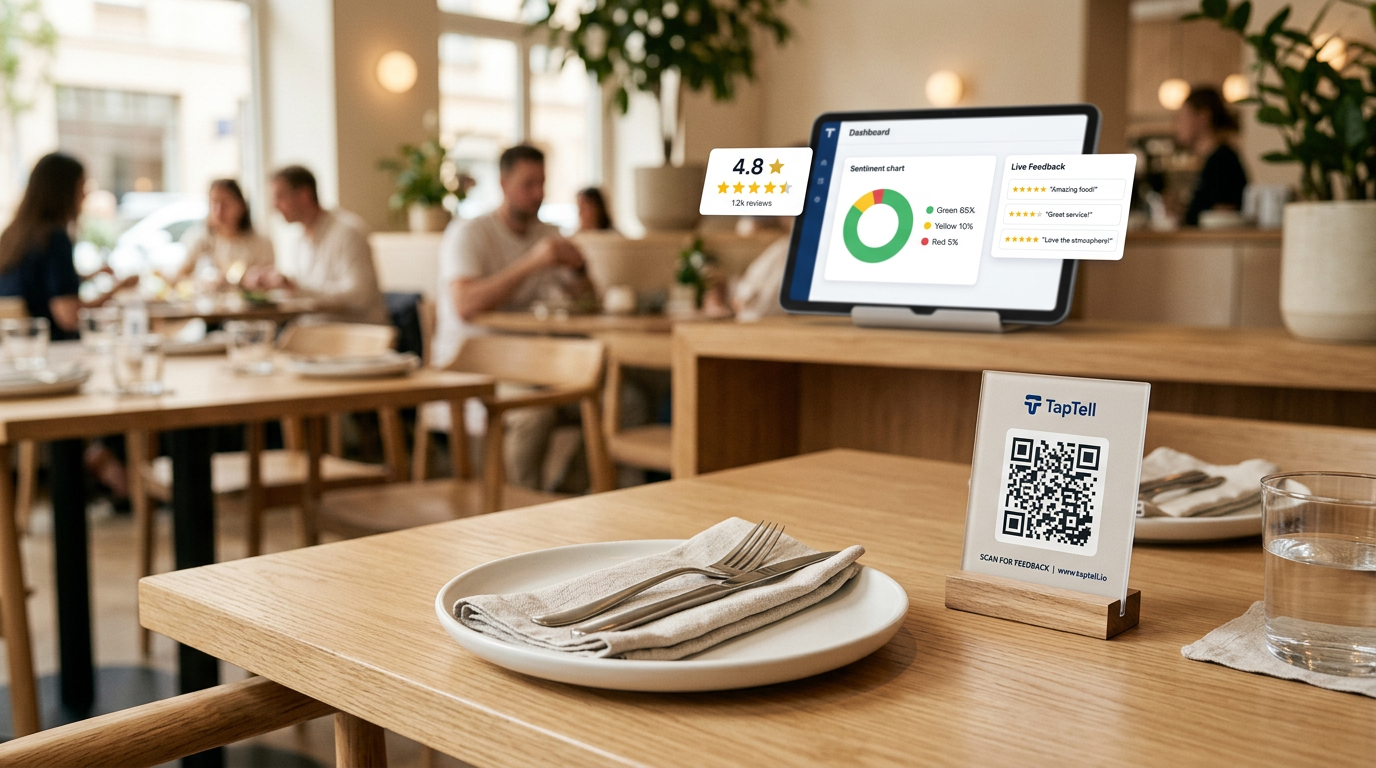 TapTell QR-Code auf einem Restauranttisch mit Dashboard im Hintergrund